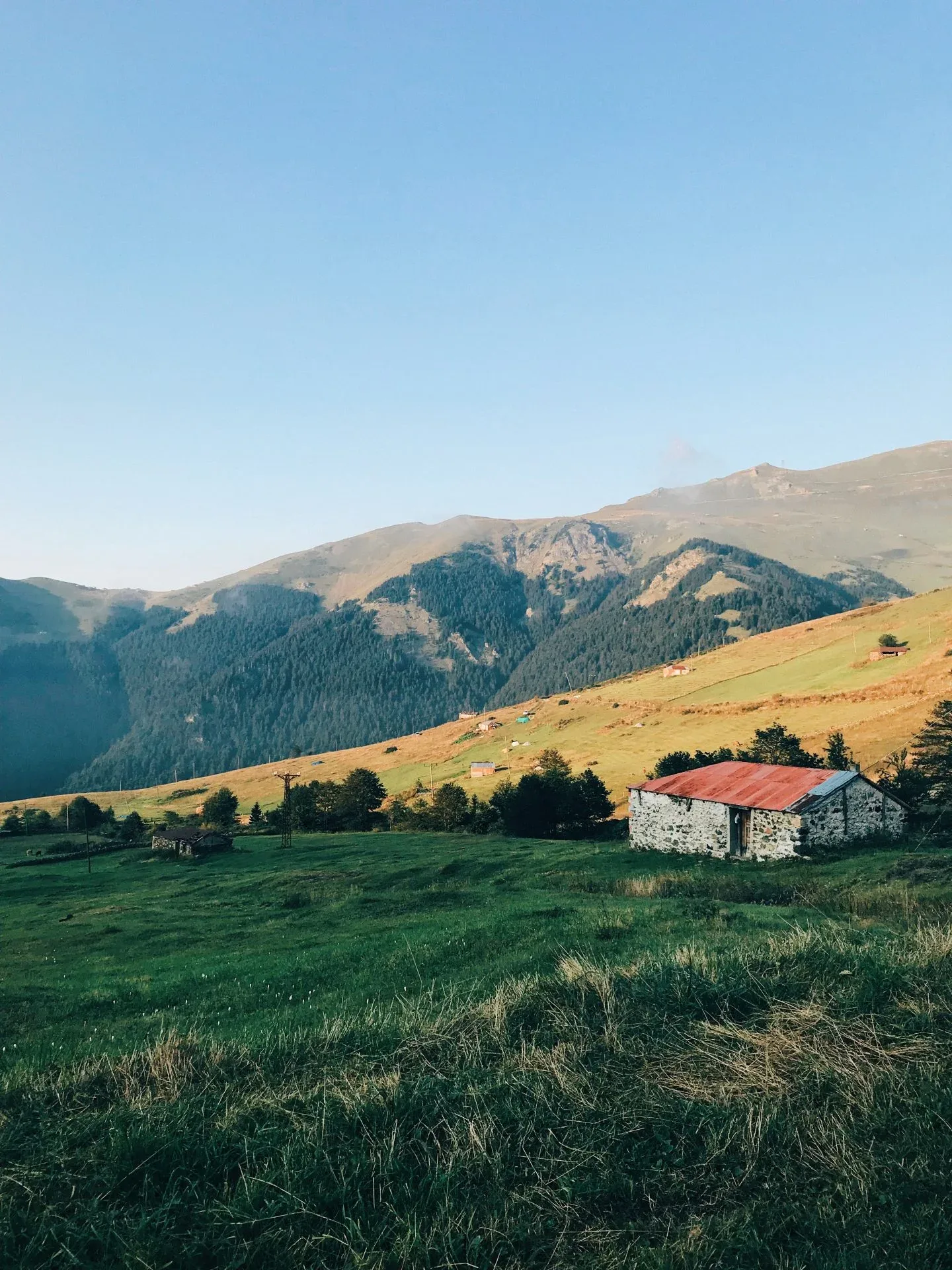 A small homestead among green hills